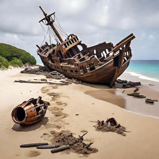 Wrack eines Piratenschiffes am Strand und ein paar Trümmer auf dem Sand