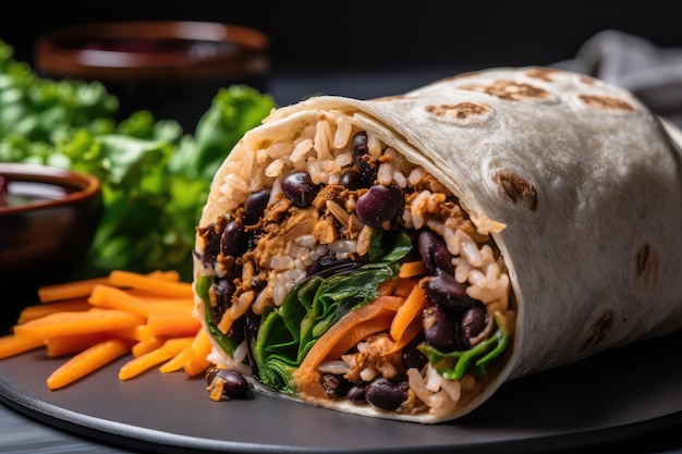 Wrap de burrito à base de plantas com alface de feijão preto e legumes assados