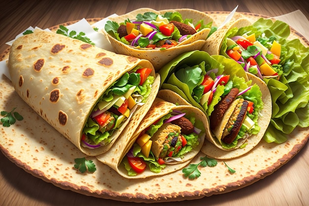 Wrap de tortilha com falafel e salada fresca Tacos vegan Comida vegetariana saudável