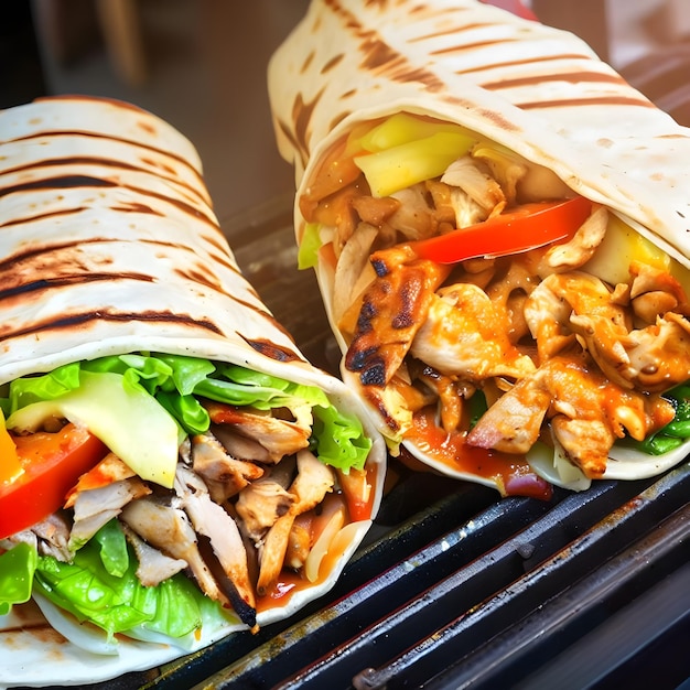 Wrap de tortilha com frango e legumes na grelha quente