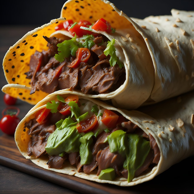 Wraps de tortilla de carne fresca com salsa caseira e guacamole