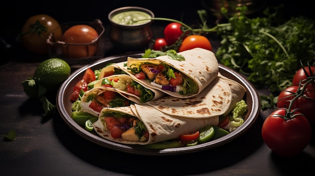 Wraps de tortilla fresca con verduras en un plato