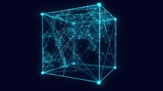 Würfel aus Plexuslinien Technologische Strukturen Digitales Blockchain-Konzept und Datenübertragungssystem Abstraktes Wireframe-Würfel-3D-Rendering