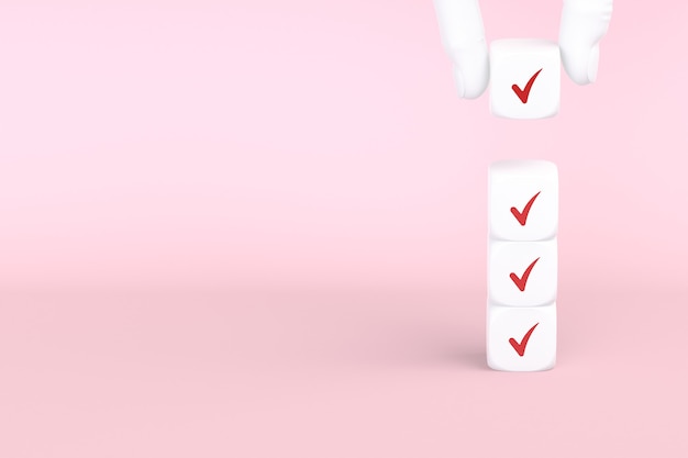 Würfel mit Häkchen auf rosa Hintergrund, Checklistenkonzept, Platz kopieren. 3D-Rendering