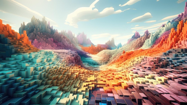 Würfel-Voxel-Oberfläche, Landschaft, Illustration, Hintergrund, abstrakt, 3D, Natur, Spiel, Erde, Würfel-Voxel, Oberfläche, Landschaft, ai generiert