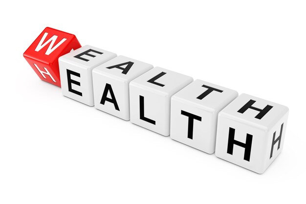 Würfelblöcke mit dem Übergang von Gesundheit zu Reichtum Wort auf weißem Hintergrund. 3D-Rendering