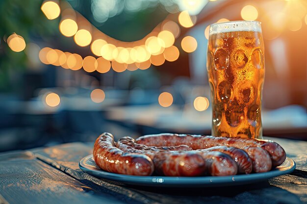 Foto würstchen auf dem teller und ein glas bier auf dem tisch im freien