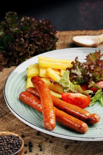 Würstchen mit Pommes Frites und Salat auf Holztisch Nahaufnahme.