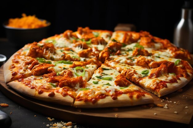 Würzige Buffalo Chicken Pizza auf einem Schieferbrett