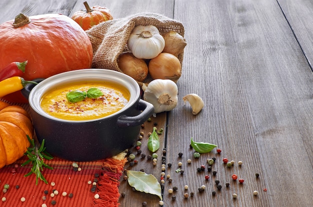 Würzige Kürbiscremesuppe mit Knoblauch, Zwiebel. Chili und Ingwer