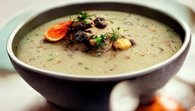 Würzige Pilzsuppe mit frischem Dill in einer Schüssel und Toast Nahaufnahme Generative Ai