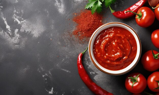 Würzige Tomatensauce auf grauem Hintergrund, ein traditionelles Konzept für scharfe Soße