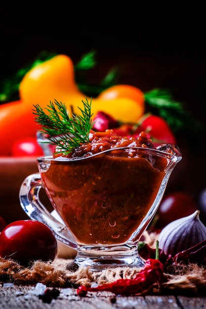 Würzige Tomatensauce mit Pfeffer und Knoblauch in einer Glasschüssel auf dem selektiven Fokus des Weinleseholztischs