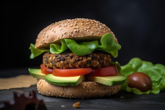 Würziger Black-Bohnen-Burger mit Patty aus schwarzen Bohnen und Gewürzen, garniert mit Salsa-Avocado und Salat auf einem Vollkornbrötchen