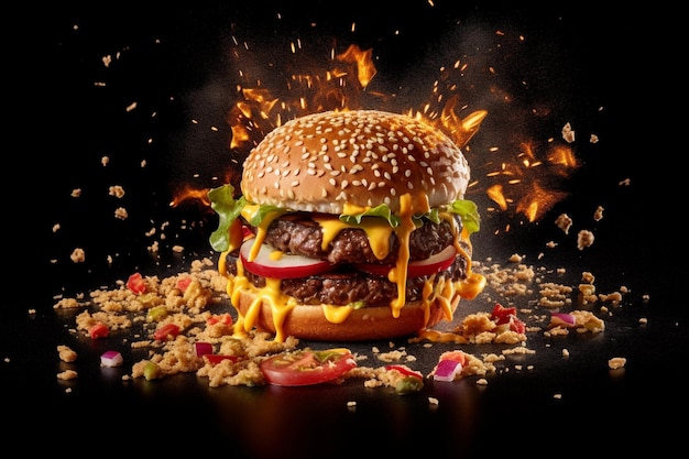 Würziger Hamburger mit fliegenden Zutaten auf dunklem Hintergrund Food-Fotografie-Konzept