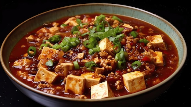 Würziger Sichuan-Mapo-Tofu ist ein beliebtes chinesisches Gericht, das für seine köstliche Kombination aus weichem Tofu und gemahlenem Schweinefleisch in einer scharfen, von AI erzeugten Chilisauce bekannt ist