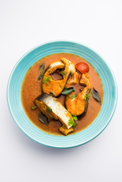 Würziges Fischcurry - Kerala, Konkan, Bengal, Goa Art in roter und brauner Farbe, serviert mit Reis