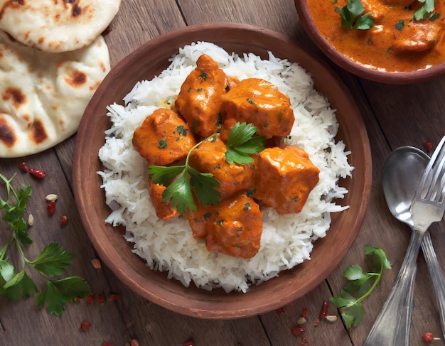 Würziges Hühnchen-Tikka-Masala-Curry, serviert auf einem Tonteller mit Reis und Naan-Brot auf einem Holzhintergrund