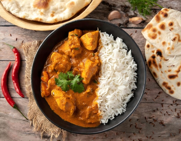 Würziges Hühnchen-Tikka-Masala-Curry, serviert auf einem Tonteller mit Reis und Naan-Brot auf einem Holzhintergrund