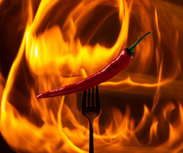 Würziges rotes dampfendes Chili auf einer schwarzen Gabel auf einem feurigen Hintergrund. Kunst.