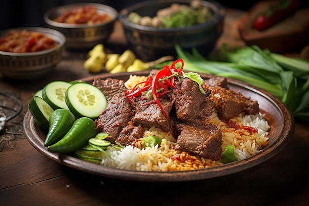 Würziges und aromatisches Nasi Padang mit Rindfleischhintergrund