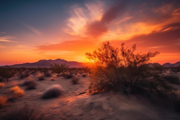 Foto wüste mit sonnenaufgang, der die leuchtenden farben des morgenhimmels zeigt, der mit generativer ki erstellt wurde