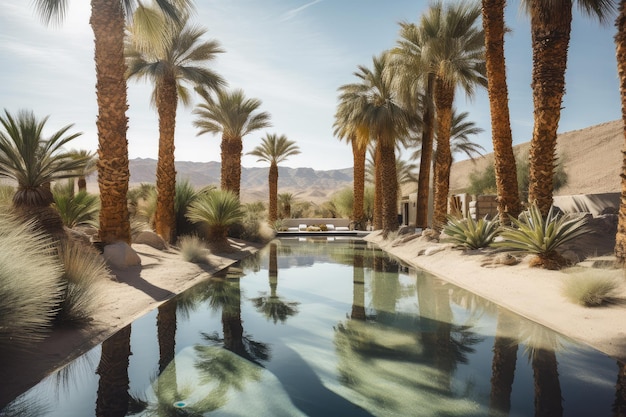 Wüsten-Trugbild einer üppigen Oase mit Palmen und kristallklarem Pool