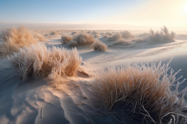 Wüstendünen, die an kalten Wintermorgen mit Frost bedeckt sind und mit generativer KI erstellt wurden