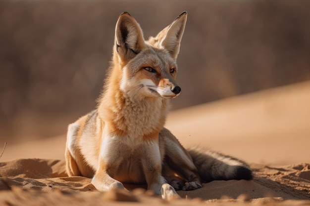 Wüstenfuchs sitzt auf dem Sand und beobachtet seine Umgebung