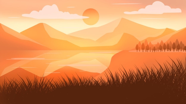 Wüstengebirgssonnenuntergang mit Seeuferillustration