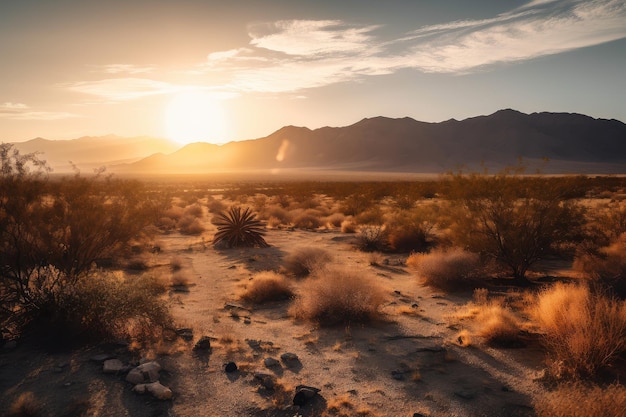 Wüstenlandschaft bei Sonnenuntergang mit dem Sonnenuntergang hinter einer fernen Bergkette