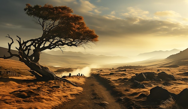 Wüstenlandschaft mit einem schiefen Baum und bewölktem Himmel, KI generiert