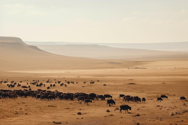 Wüstenlandschaft mit Herden grasender Tiere in der Ferne