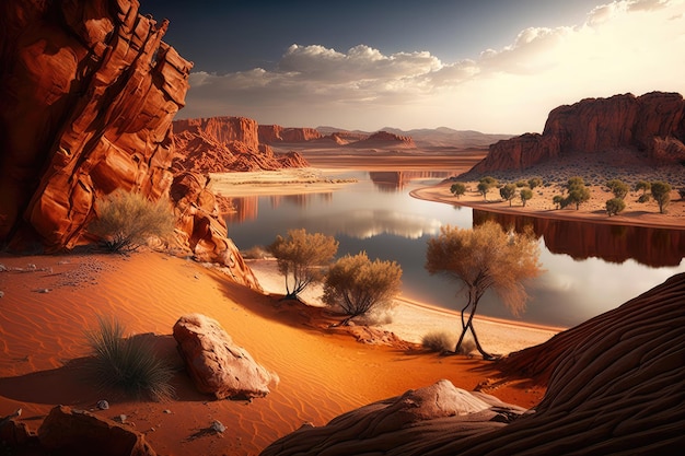 Wüstenlandschaft mit roten Felsen und See in der Wüste