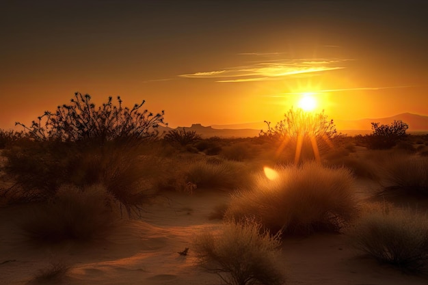 Wüstenlandschaft mit strahlender Sonne, die über den Horizont blickt und einen warmen und friedlichen Schein verbreitet