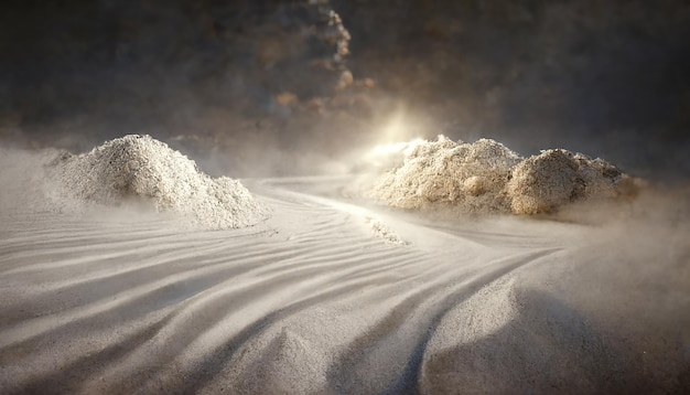 Wüstenlandschaft, Sandsturm, Sandmorch, dramatischer bewölkter Himmel, unwirkliche Welt. 3D-Darstellung