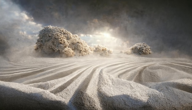 Wüstenlandschaft, Sandsturm, Sandmorch, dramatischer bewölkter Himmel, unwirkliche Welt. 3D-Darstellung