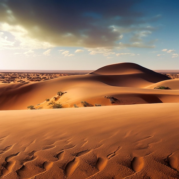 Wüstenlandschaft, so weit das Auge reicht. Goldener Sand, bedeckt von einem strahlend blauen Himmel