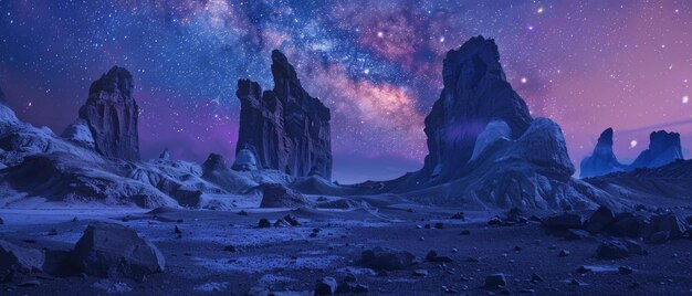 Wüstenpfeiler unter einem mit kosmischem Staub bemalten Dämmerungshimmel, wo die Milchstraße ihren nächtlichen Tanz inmitten der leisen Töne der Wüste beginnt