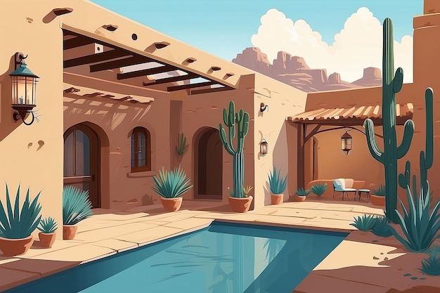 Foto wüstenresort mit adobe-wänden und courtyard-oase