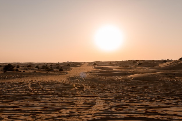 Wüstensonnenuntergang mit leeren Dünen in Dubai oder Abu Dhabi Vereinigte Arabische Emirate