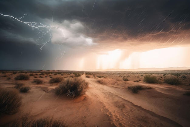 Wüstensturm mit Blitzen und Regen in der Ferne sichtbar