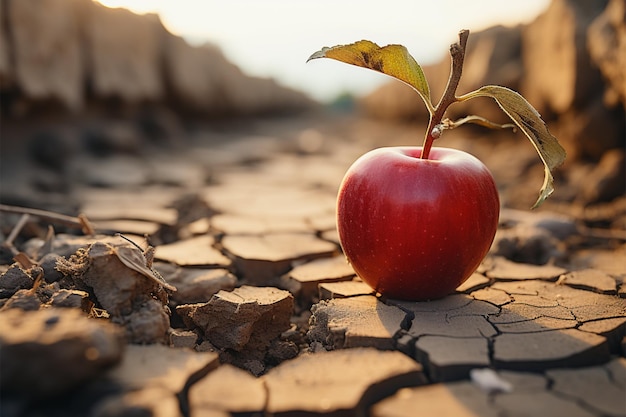 Wüstenszene: Apfel auf rissiger Erde bedeutet Ernährungsunsicherheit, Wasserknappheit, Agrarkrise