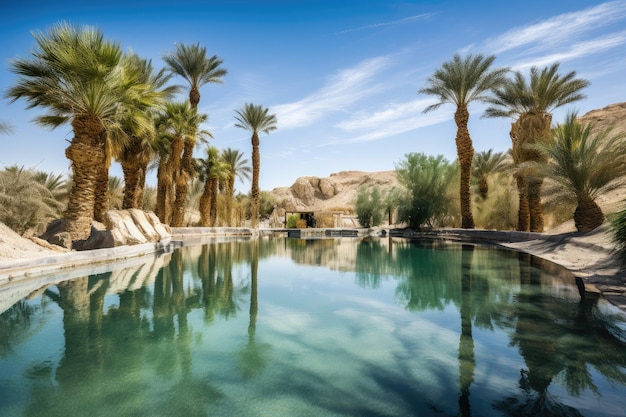 Wüstentrugbild eines kristallklaren Pools mit Palmen und blauem Himmel im Hintergrund