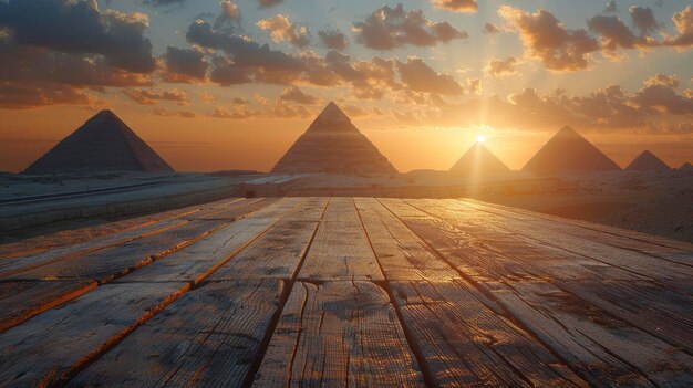 Wüstenumgebung Ein leerer Holztisch vor dem majestätischen Hintergrund von Pyramiden und Sphinxstatuen