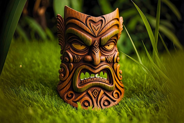 Wütende Gottheit Holz-Tiki-Maske auf Gras