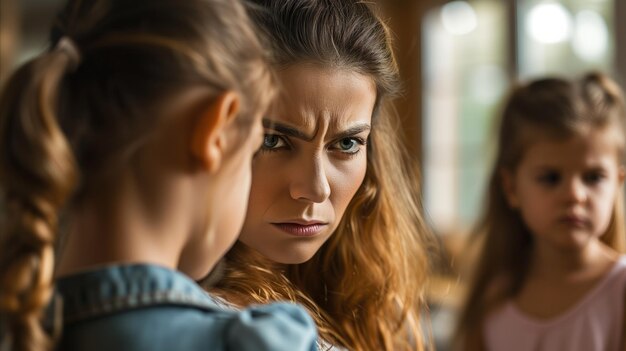 Wütende Mutter in der Nähe ihrer kleinen Töchter