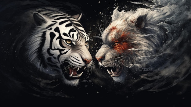 Wütende Tiger Tier Yin Yang schwarzer Hintergrundbild Ai erzeugte Kunst