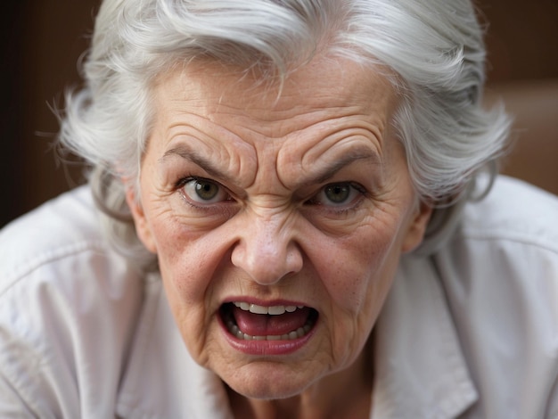 Wütende und wütende Großmutter drückt starke Gefühle aus