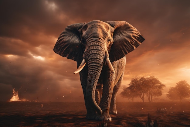 Wütender afrikanischer Elefant unter bewölktem Himmel mit dramatischer Beleuchtung